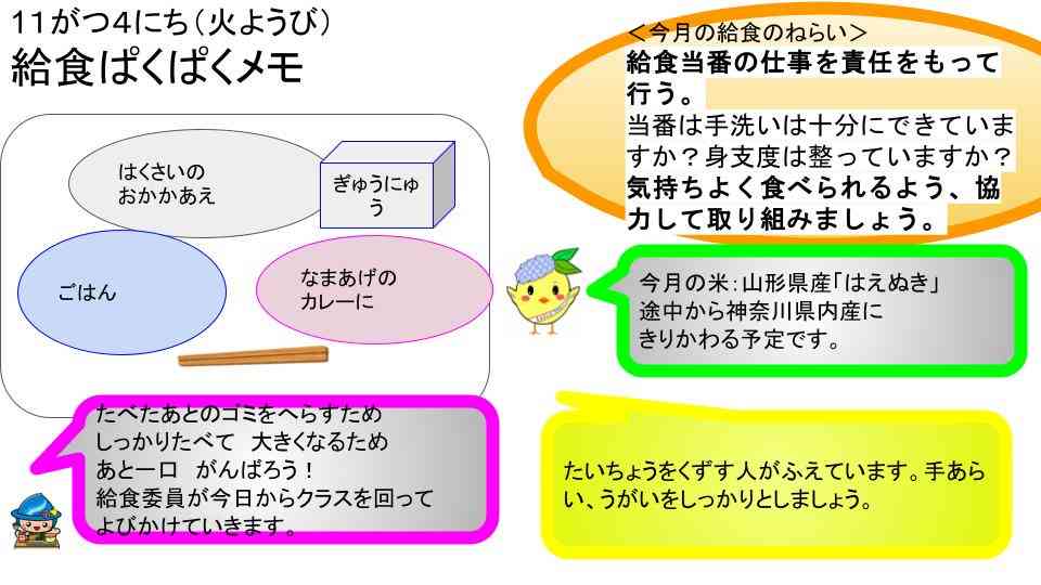 R7年11月1日〜28日給食ぱくぱくメモ  